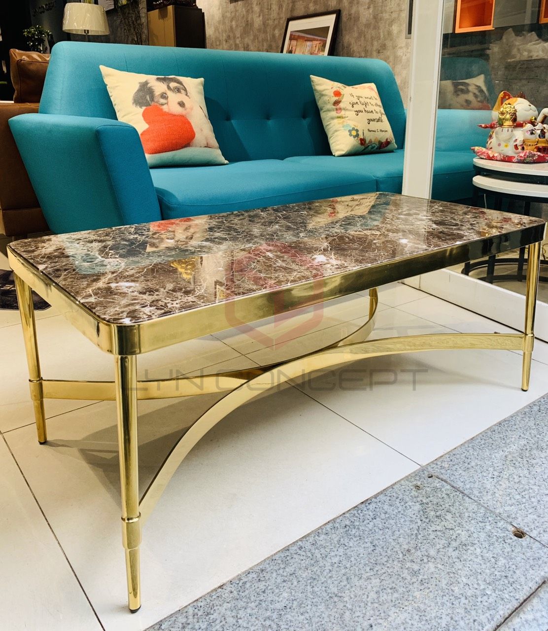 Bàn Trà Sofa Chữ Nhật Mặt Đá Đen Chân Inox Mạ Pvd Vàng Cao Cấp - BT260