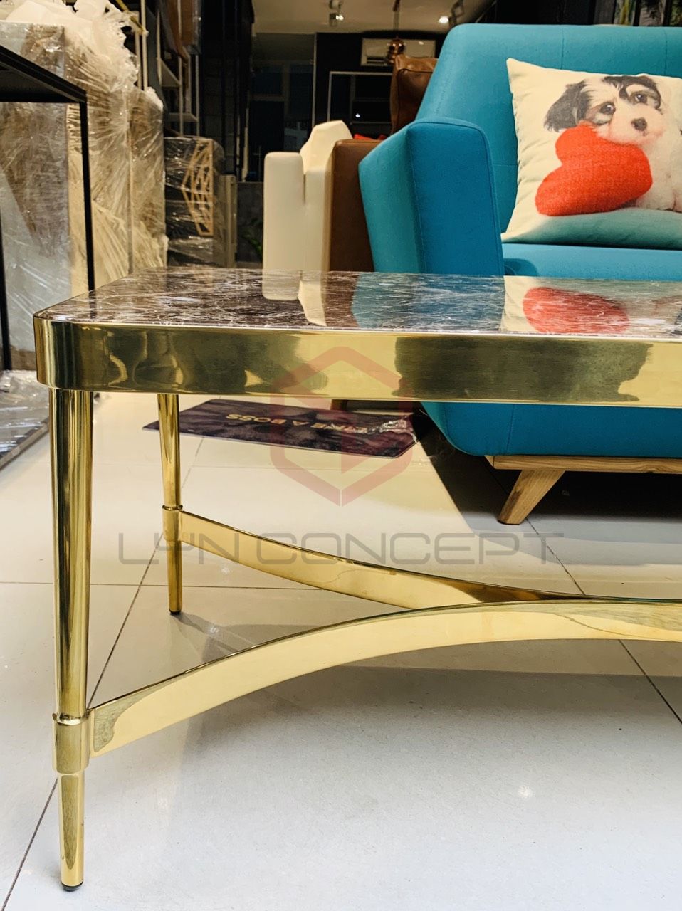 Bàn Trà Sofa Chữ Nhật Mặt Đá Đen Chân Inox Mạ Pvd Vàng Cao Cấp - BT260