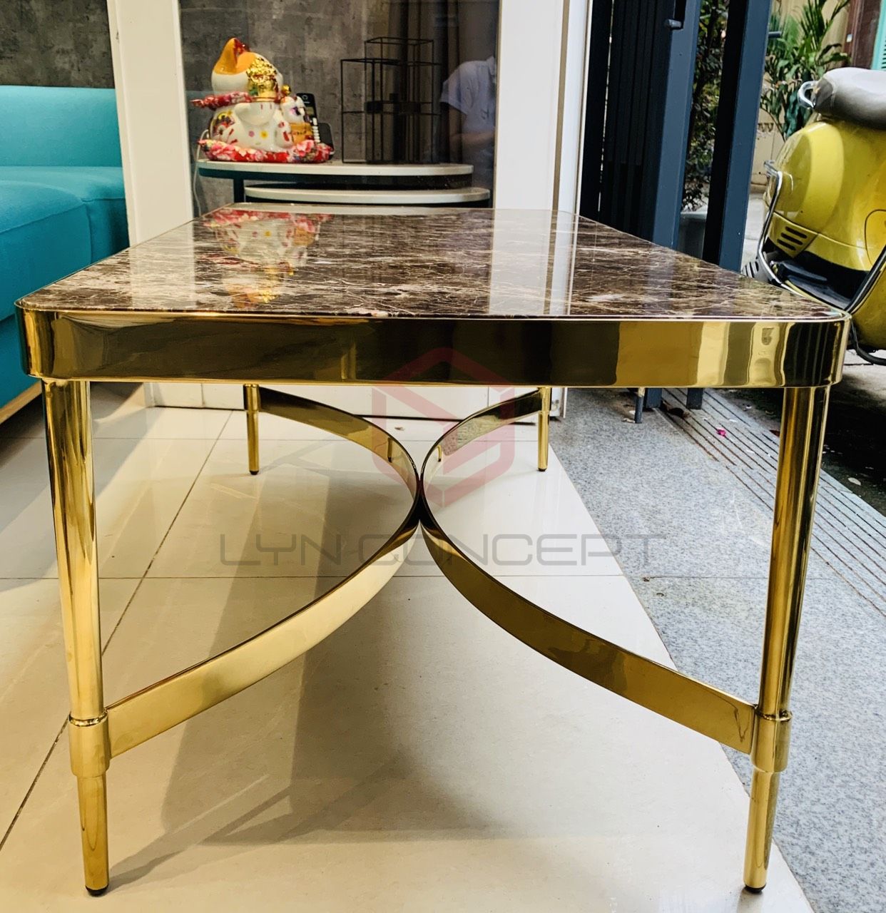 Bàn Trà Sofa Chữ Nhật Mặt Đá Đen Chân Inox Mạ Pvd Vàng Cao Cấp - BT260