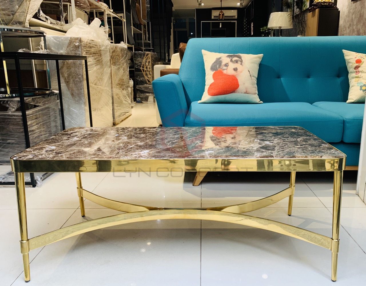 Bàn Trà Sofa Chữ Nhật Mặt Đá Đen Chân Inox Mạ Pvd Vàng Cao Cấp - BT260