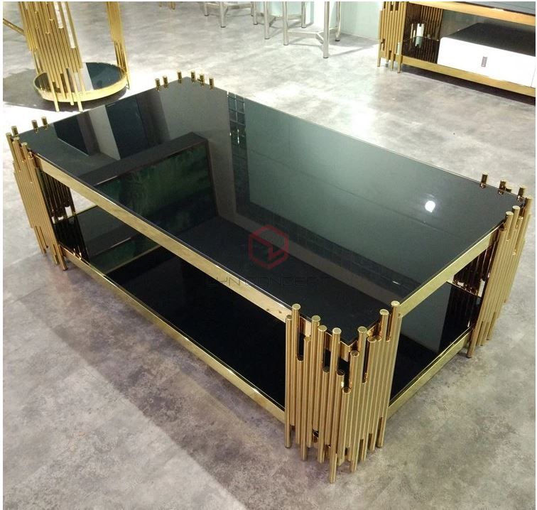 Bàn Trà Sofa Chữ Nhật Mặt Kính Đen Chân Inox Mạ Pvd Màu Vàng Cao Cấp - BT19B