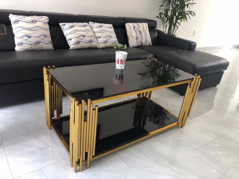 Bàn Trà Sofa Chữ Nhật Mặt Kính Đen Chân Inox Mạ Pvd Màu Vàng Cao Cấp - BT19B