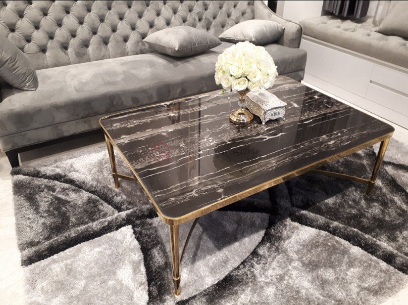 Bàn Trà Sofa Chữ Nhật Mặt Đá Đen Chân Inox Mạ Pvd Vàng Cao Cấp - BT260
