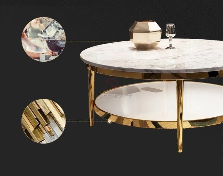 Bàn Trà Tròn Mặt Đá Trắng 2 Tầng Chân Inox Mạ Vàng Cao Cấp - BT02B