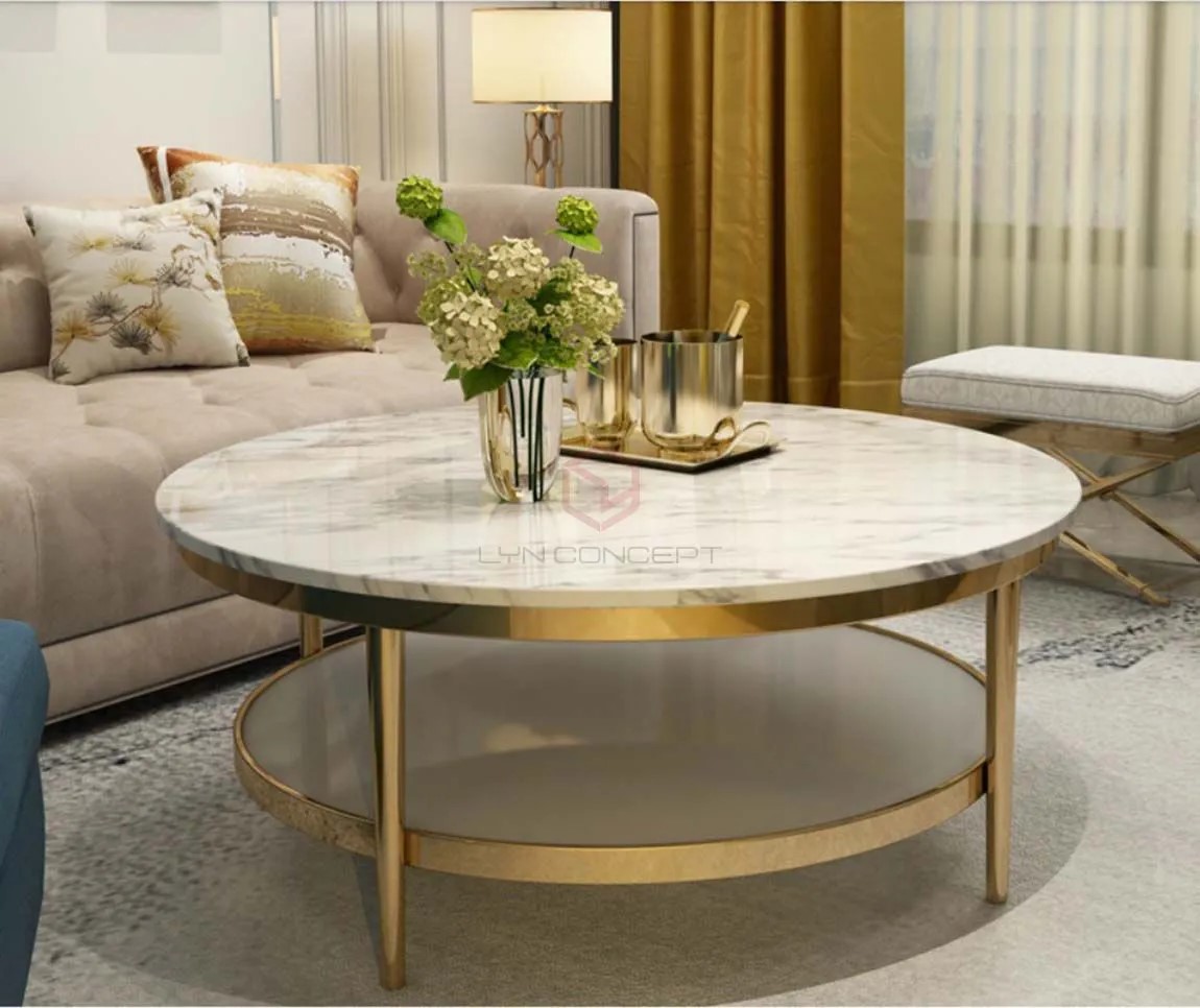 Bàn Trà Tròn Mặt Đá Trắng 2 Tầng Chân Inox Mạ Vàng Cao Cấp - BT02B