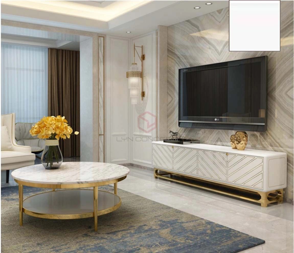 Bàn Trà Tròn Mặt Đá Trắng 2 Tầng Chân Inox Mạ Vàng Cao Cấp - BT02B