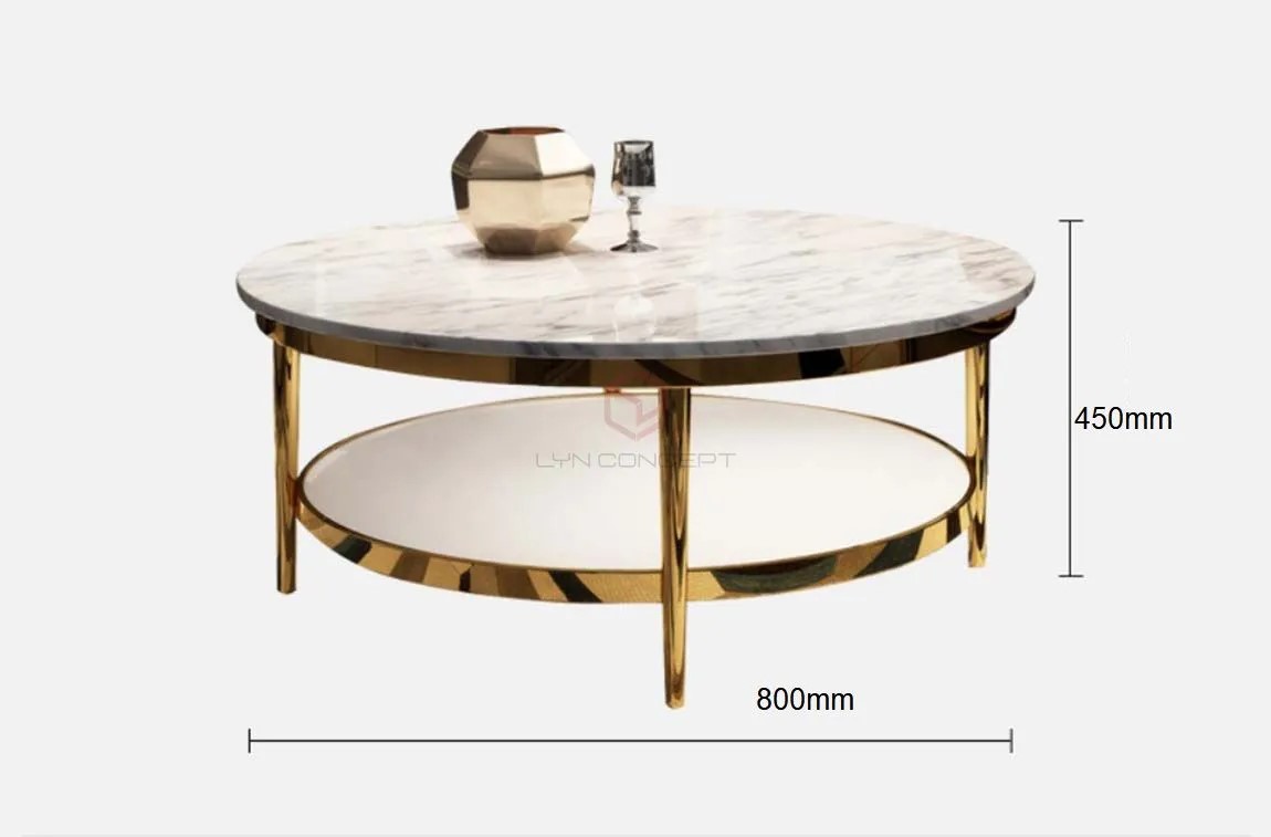 Bàn Trà Tròn Mặt Đá Trắng 2 Tầng Chân Inox Mạ Vàng Cao Cấp - BT02B