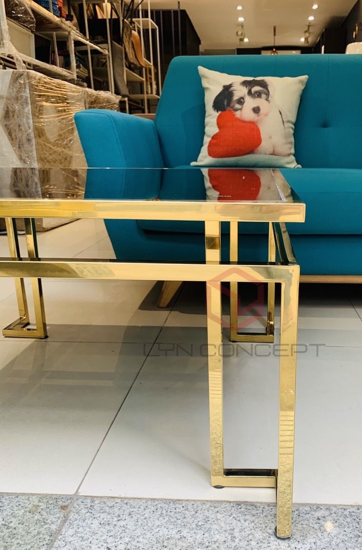 Bàn Trà Sofa Hình Vuông Mặt Kính Đen Chân Inox Mạ Pvd Màu Vàng Cao Cấp - BT35A