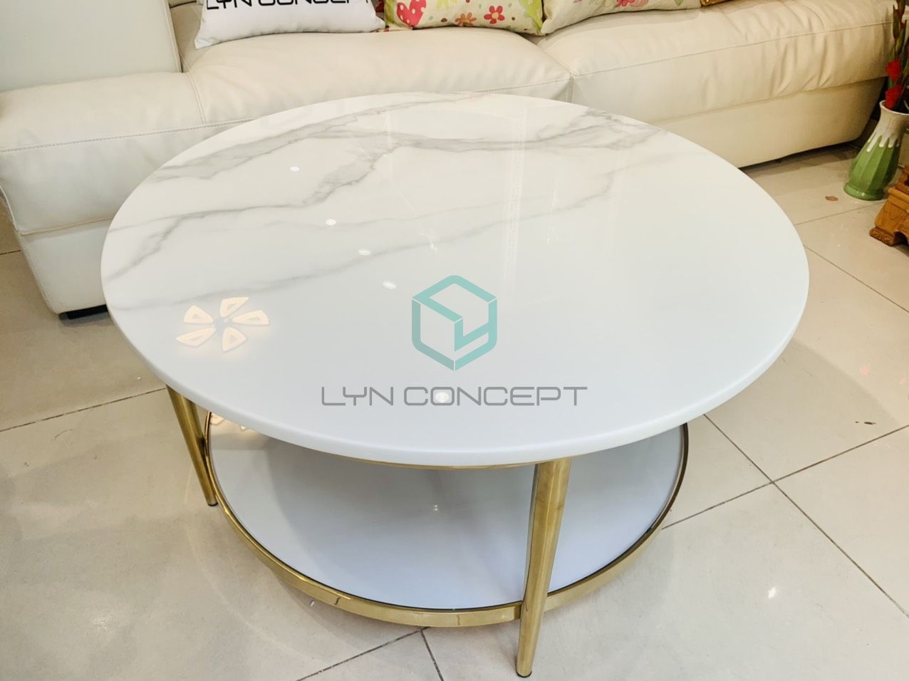 Bàn Trà Tròn Mặt Đá Trắng 2 Tầng Chân Inox Mạ Vàng Cao Cấp - BT02B