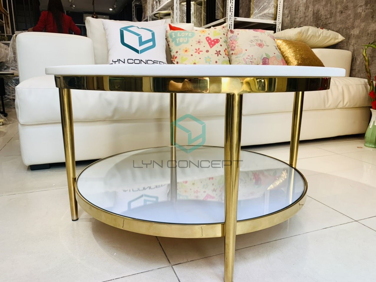Bàn Trà Tròn Mặt Đá Trắng 2 Tầng Chân Inox Mạ Vàng Cao Cấp - BT02B