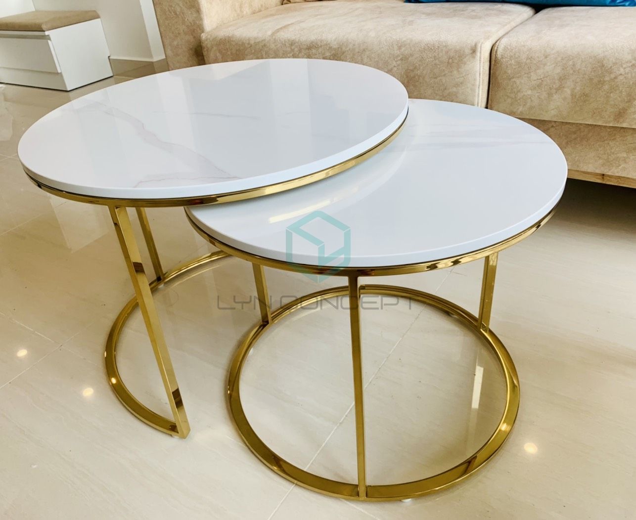 Cặp Bàn Trà Tròn Mặt Đá Trắng Chân Inox Mạ Vàng Cao Cấp - BT07A