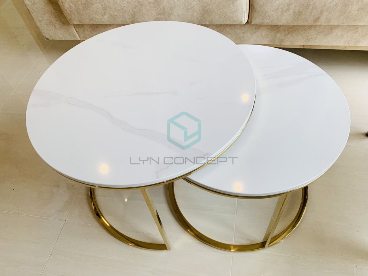 Cặp Bàn Trà Tròn Mặt Đá Trắng Chân Inox Mạ Vàng Cao Cấp - BT07A