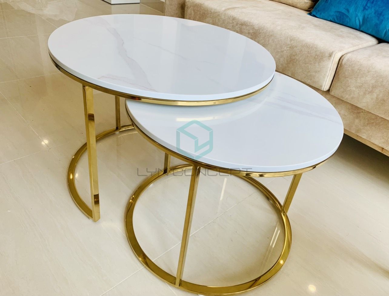 Cặp Bàn Trà Tròn Mặt Đá Trắng Chân Inox Mạ Vàng Cao Cấp - BT07A