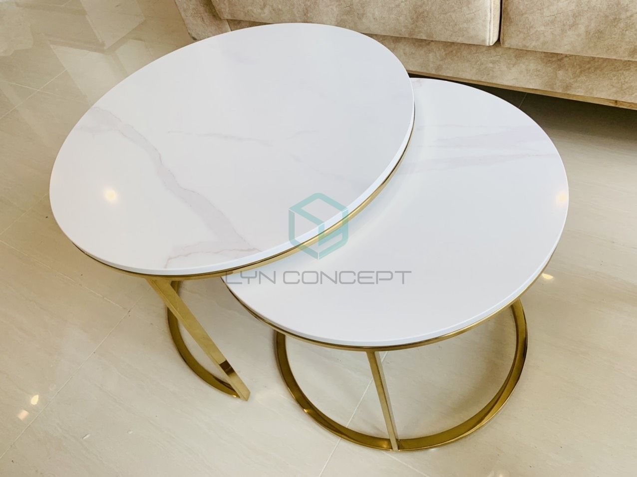 Cặp Bàn Trà Tròn Mặt Đá Trắng Chân Inox Mạ Vàng Cao Cấp - BT07A