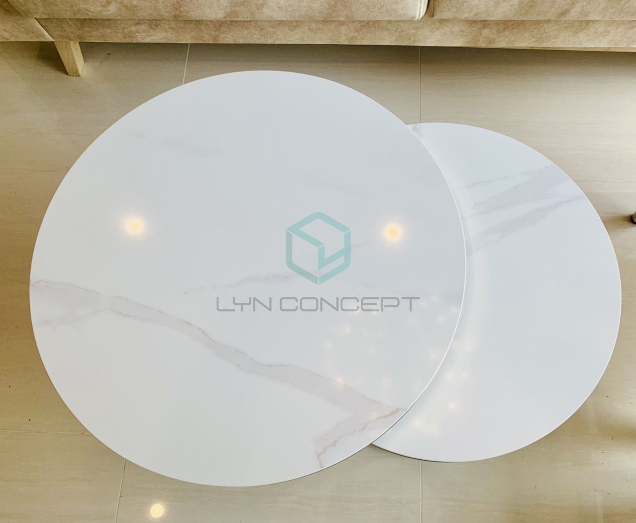 Cặp Bàn Trà Tròn Mặt Đá Trắng Chân Inox Mạ Vàng Cao Cấp - BT07A