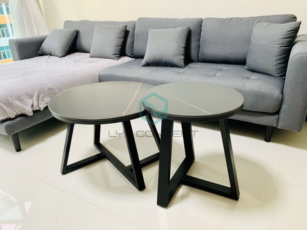 Bàn Trà Đôi Tròn Mặt Đá Ceramic Đen Chân Sắt Sơn Đen - Đẹp, Giá tốt