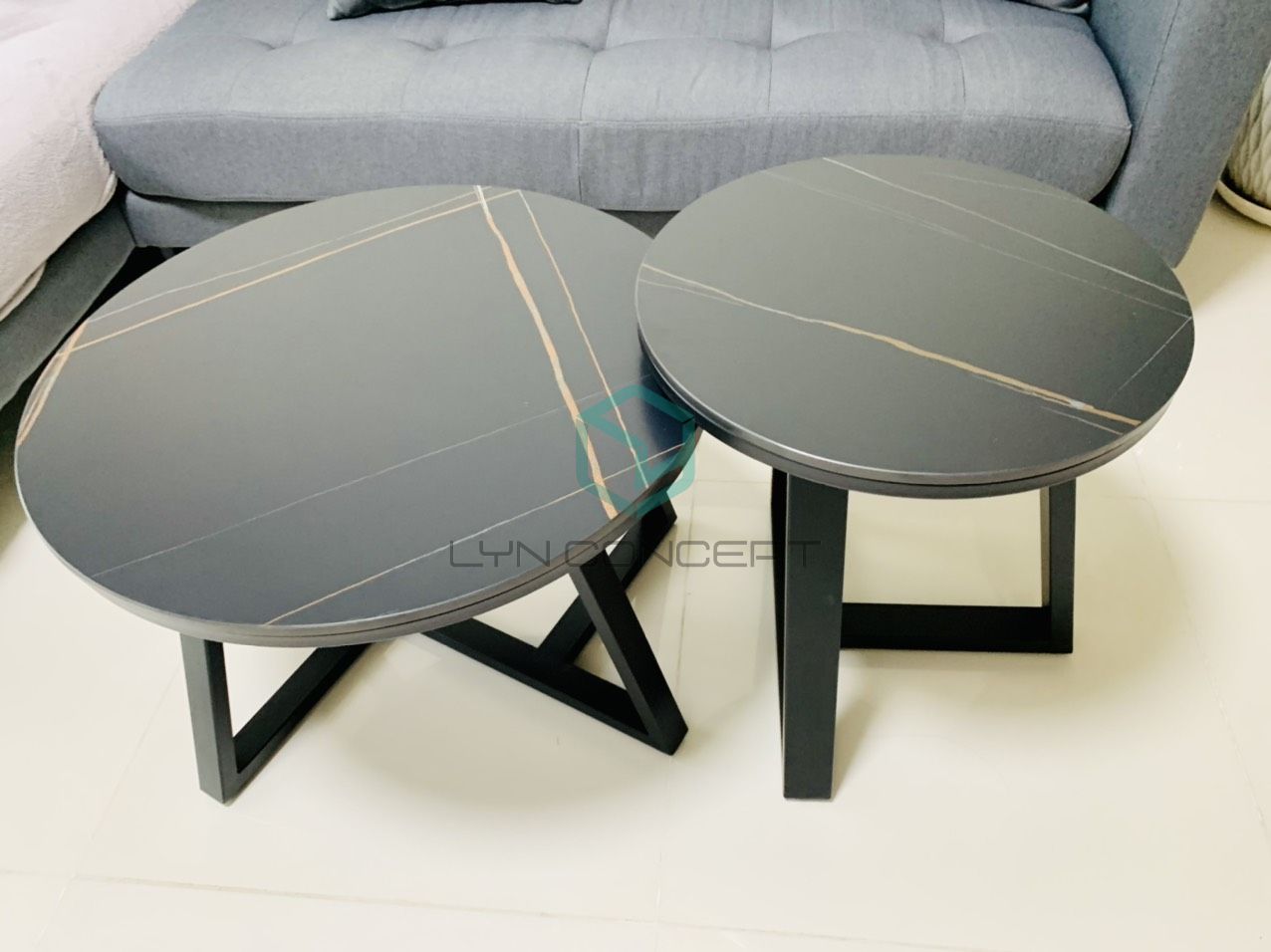 Bàn Trà Đôi Tròn Mặt Đá Ceramic Đen Chân Sắt Sơn Đen - Đẹp, Giá tốt