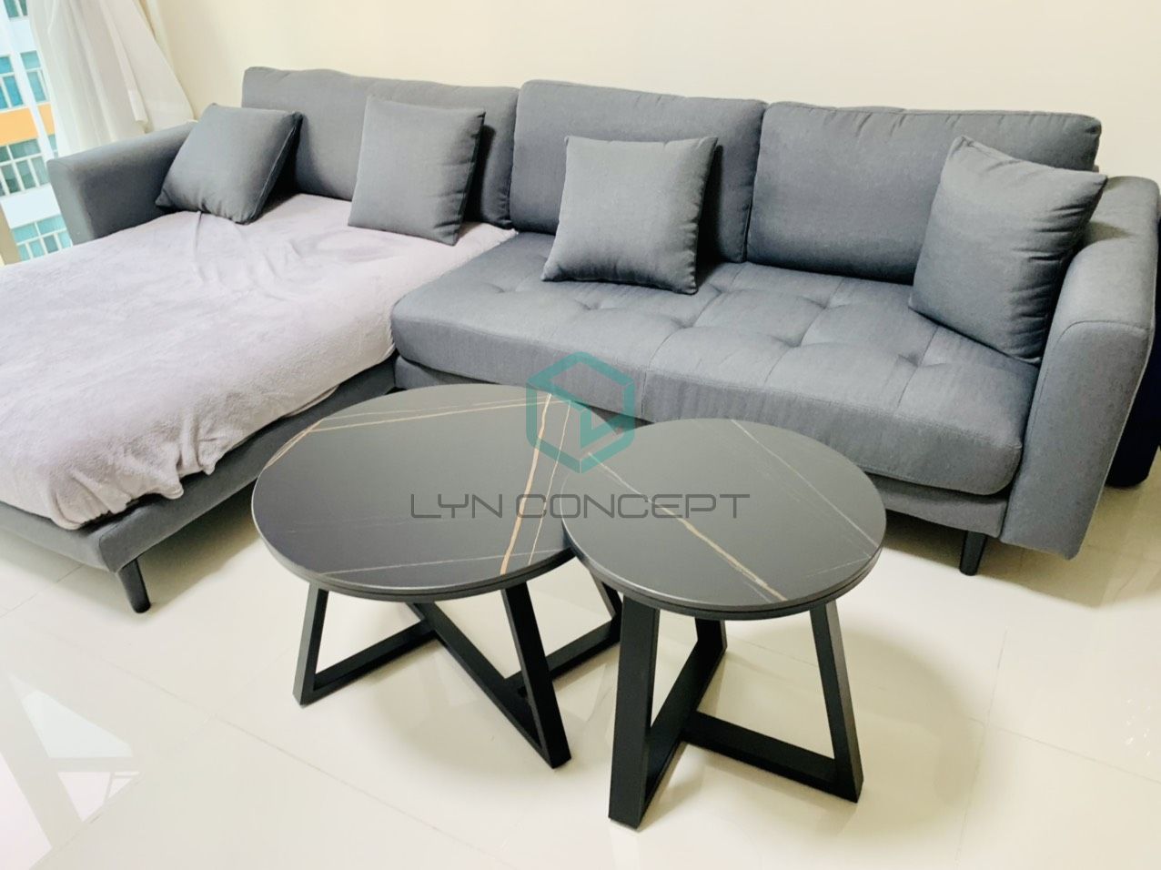 Bàn Trà Đôi Tròn Mặt Đá Ceramic Đen Chân Sắt Sơn Đen - Đẹp, Giá tốt