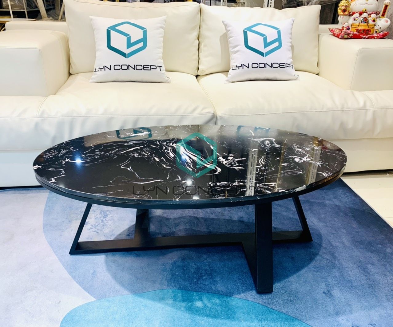 Bàn Trà Sofa Elip Mặt Đá Đen Chân Sắt Sơn Đen