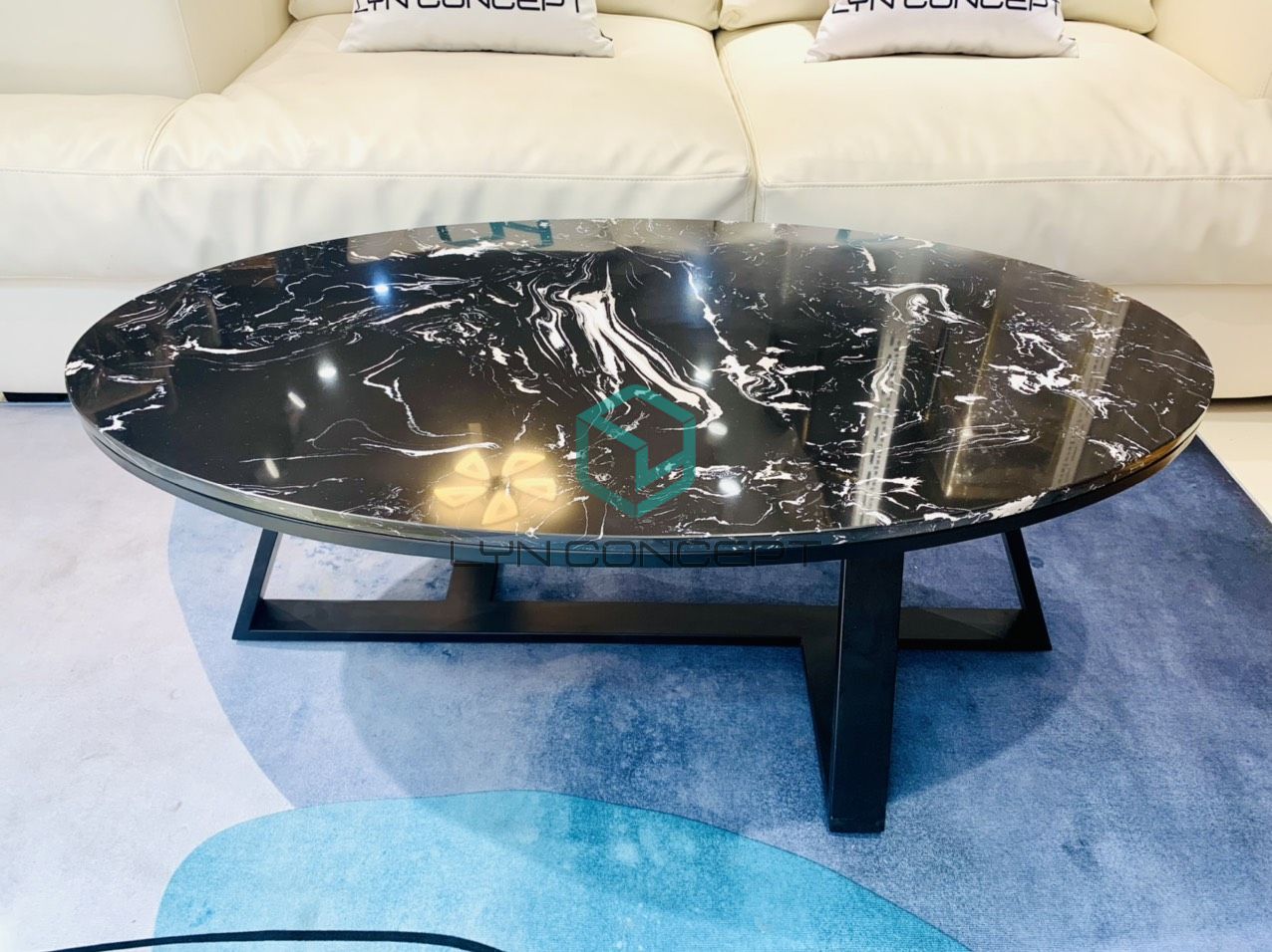 Bàn Trà Sofa Elip Mặt Đá Đen Chân Sắt Sơn Đen