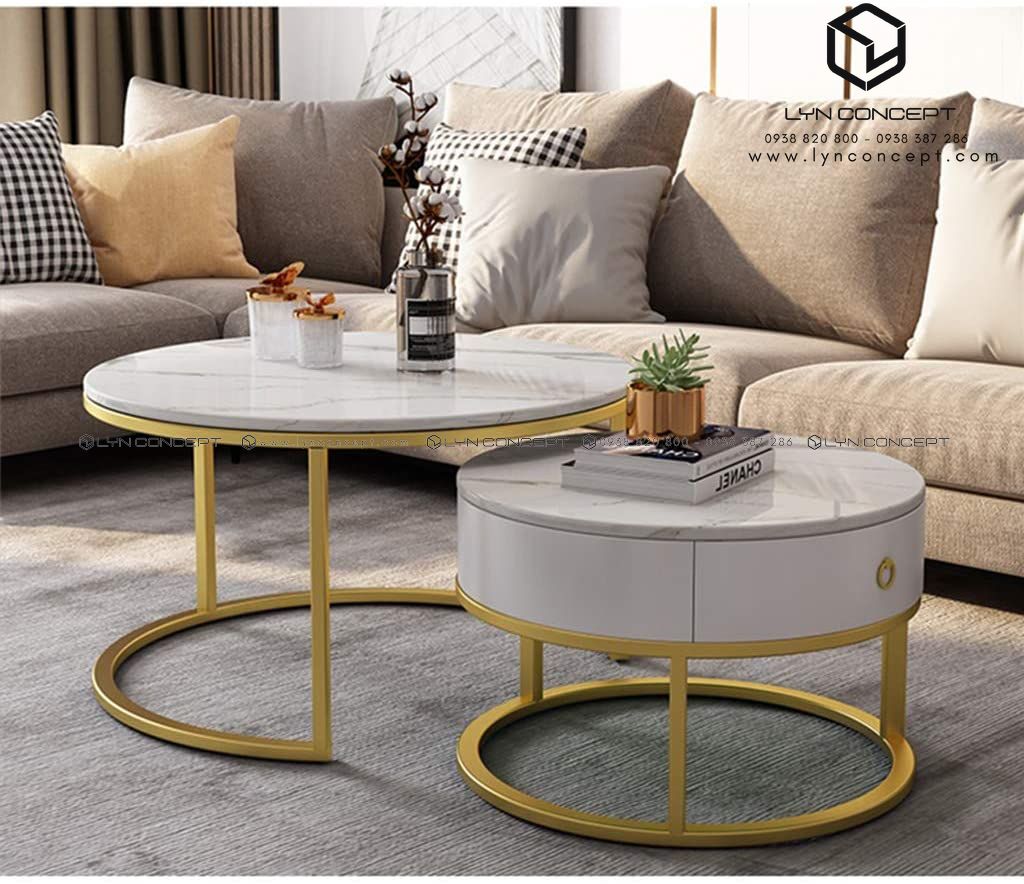 Bàn Trà Đôi Tròn D6045 Có Hộc Kéo Mặt Đá Trắng Chân Sắt Sơn Vàng - Bàn Trà Chất Lượng Giá rẻ