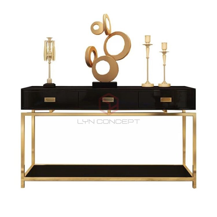 Bàn Console 3 Hộc Kéo Màu Đen Chân Inox Mạ Màu Vàng Cao Cấp - BTT57A