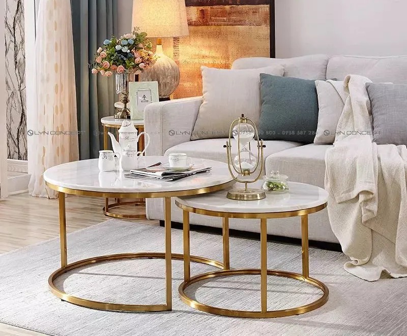 Cặp Bàn Trà Tròn Mặt Đá Trắng Chân Inox Mạ Vàng Cao Cấp - BT07A