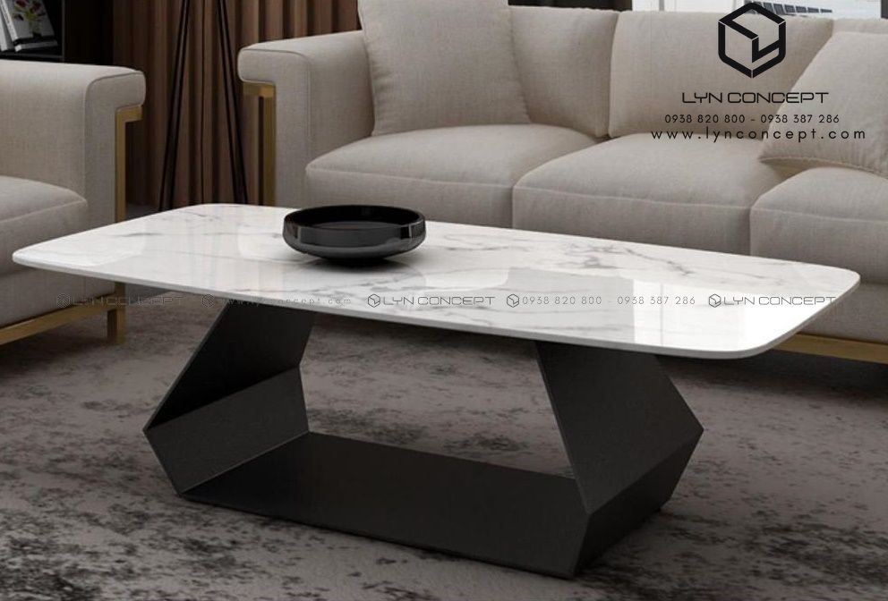 Bàn Trà Chữ Nhật Mặt Đá Trắng Chân Sắt Sơn Đen - Bàn Trà Giá Rẻ