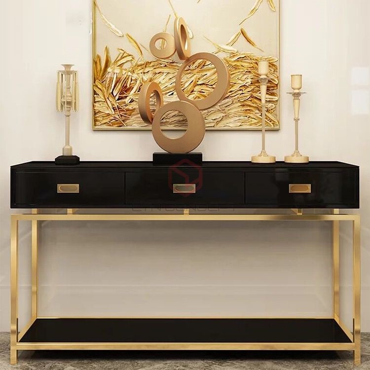 Bàn Console 3 Hộc Kéo Màu Đen Chân Inox Mạ Màu Vàng Cao Cấp - BTT57A