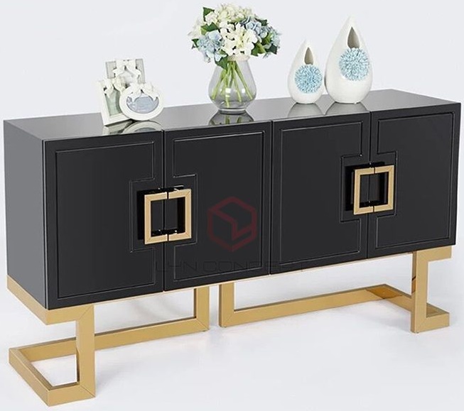 Tủ Console 4 Cánh Mở Màu Đen Chân Inox Xi Mạ Màu Vàng Hiện Đại Cao Cấp - BTT54