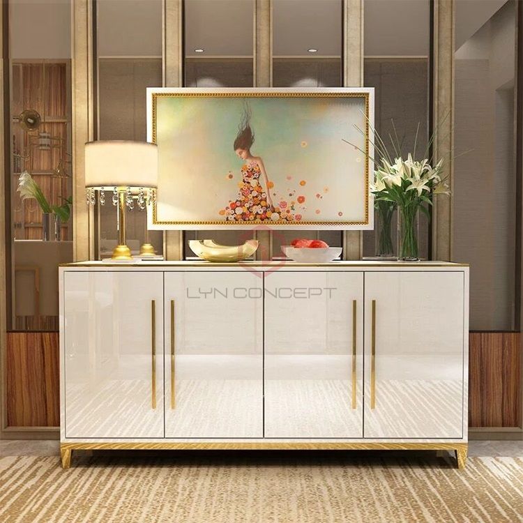 Tủ Console 4 Cánh Mở Màu Trắng Chân Inox Xi Mạ Màu Vàng Hiện Đại Cao Cấp