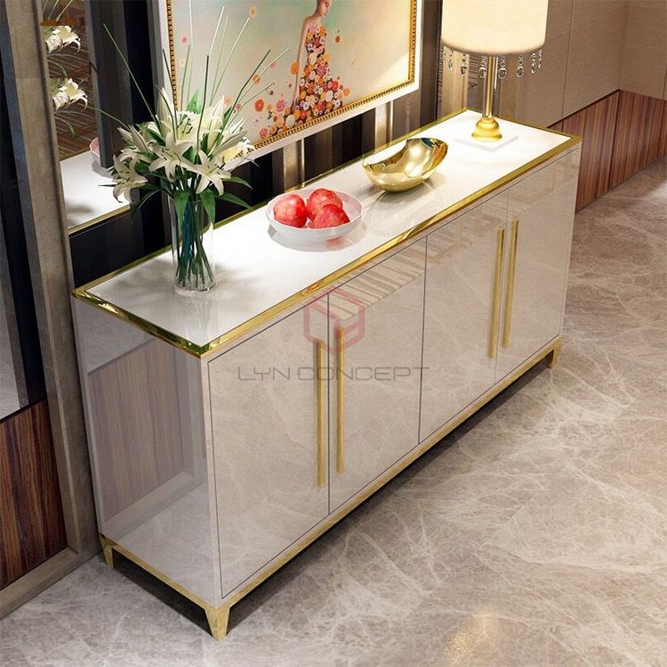 Tủ Console 4 Cánh Mở Màu Trắng Chân Inox Xi Mạ Màu Vàng Hiện Đại Cao Cấp