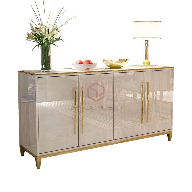 Tủ Console 4 Cánh Mở Màu Trắng Chân Inox Xi Mạ Màu Vàng Hiện Đại Cao Cấp