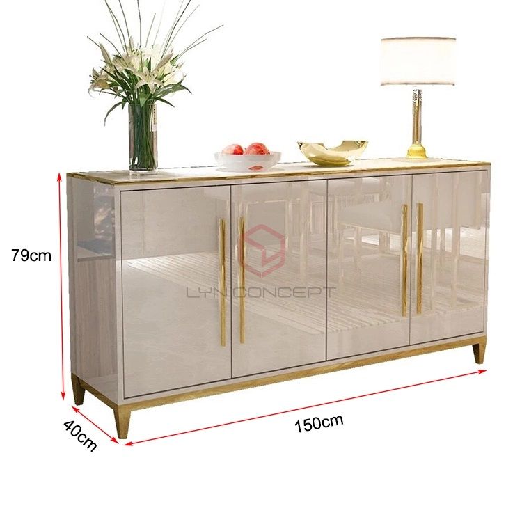 Tủ Console 4 Cánh Mở Màu Trắng Chân Inox Xi Mạ Màu Vàng Hiện Đại Cao Cấp