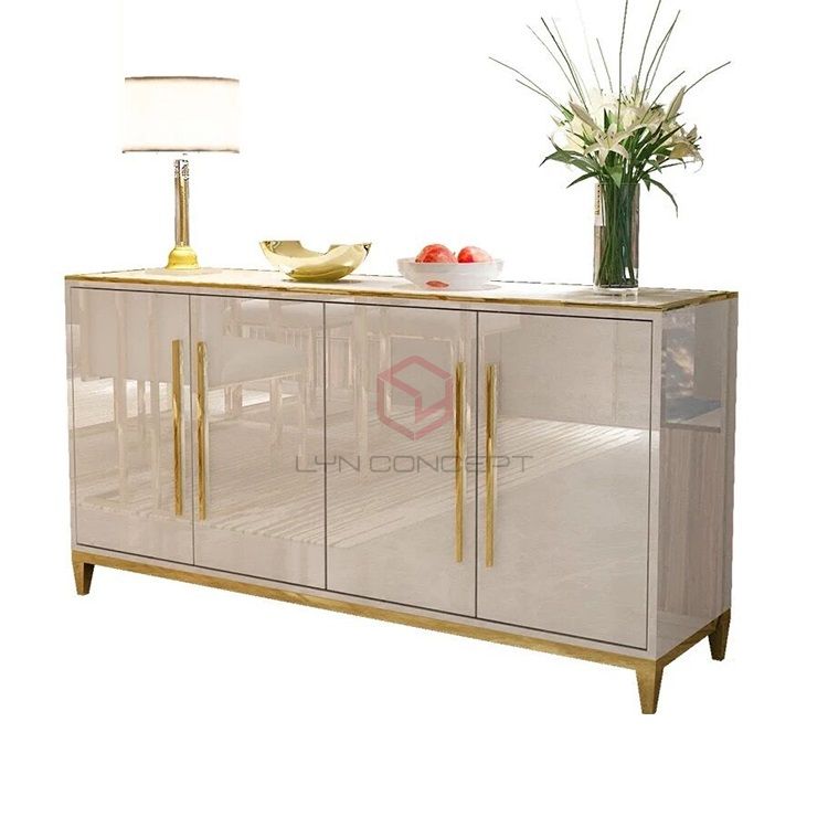 Tủ Console 4 Cánh Mở Màu Trắng Chân Inox Xi Mạ Màu Vàng Hiện Đại Cao Cấp