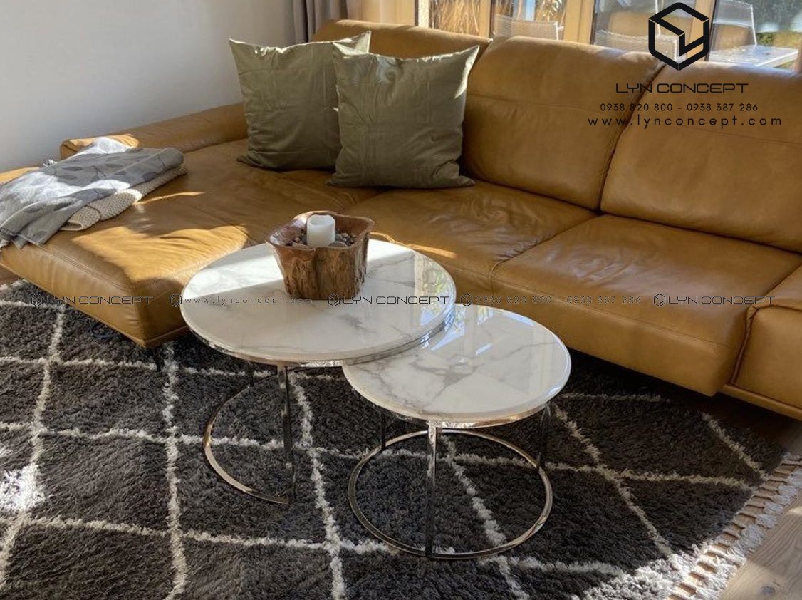 Bàn Trà Đôi Tròn D7050 Mặt Đá Trắng Chân Inox Bạc Cao Cấp - BT07B
