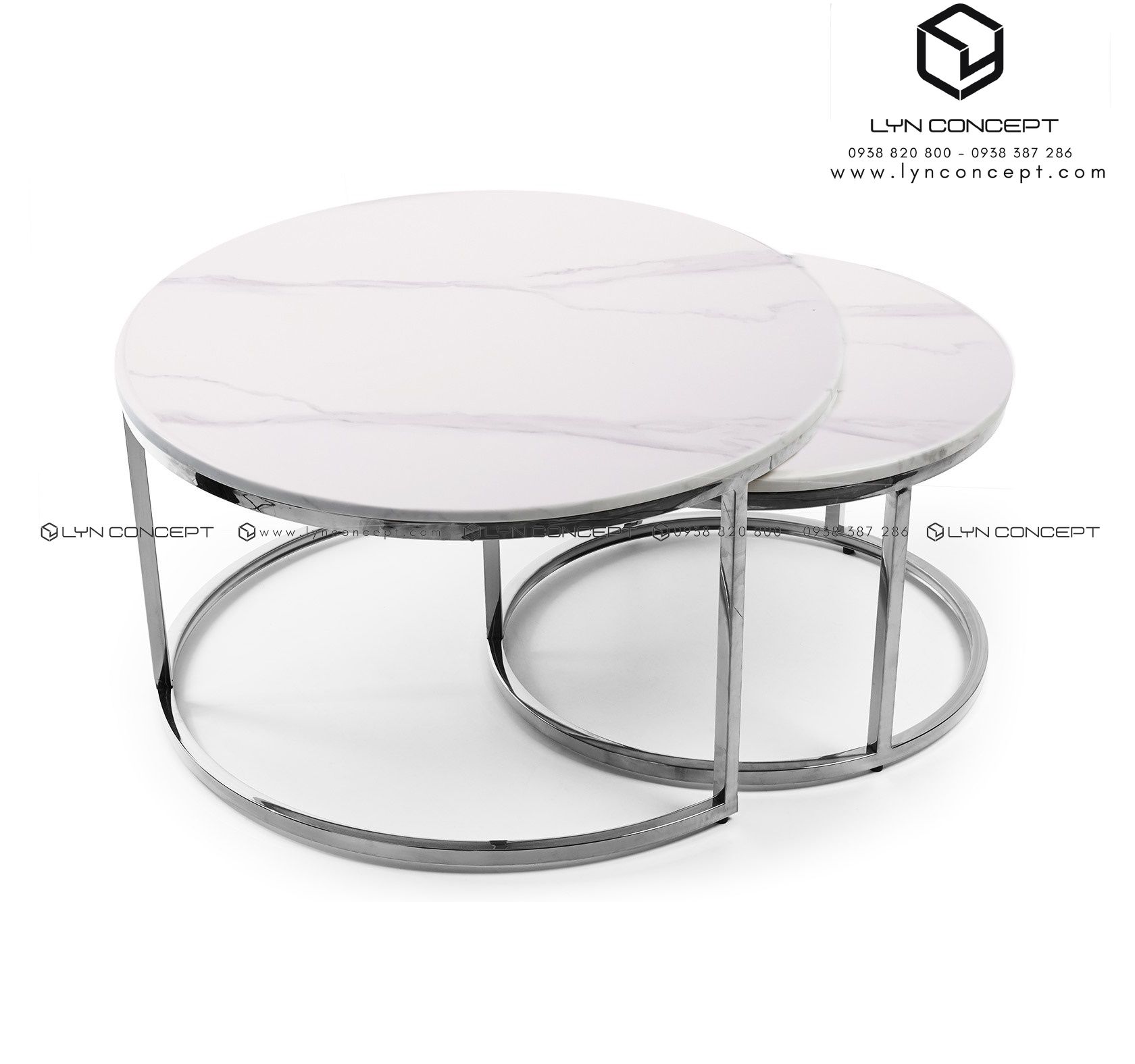 Bàn Trà Đôi Tròn D7050 Mặt Đá Trắng Chân Inox Bạc Cao Cấp - BT07B