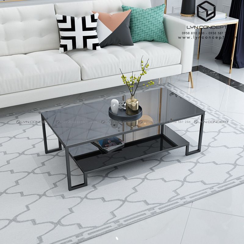 Bàn Trà Sofa Chữ Nhật 2 Tầng Kính Đen Chân Sắt Sơn Đen Hiện Đại - Bàn Trà Giá Rẻ