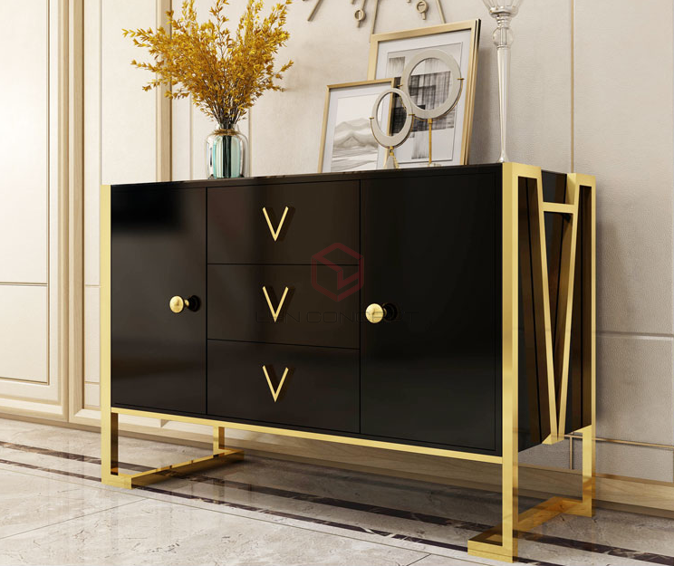 Tủ Console 3 Hộc Kéo 2 Cánh Mở Chân Inox Xi Mạ Màu Vàng Hiện Đại Cao Cấp - BTT44