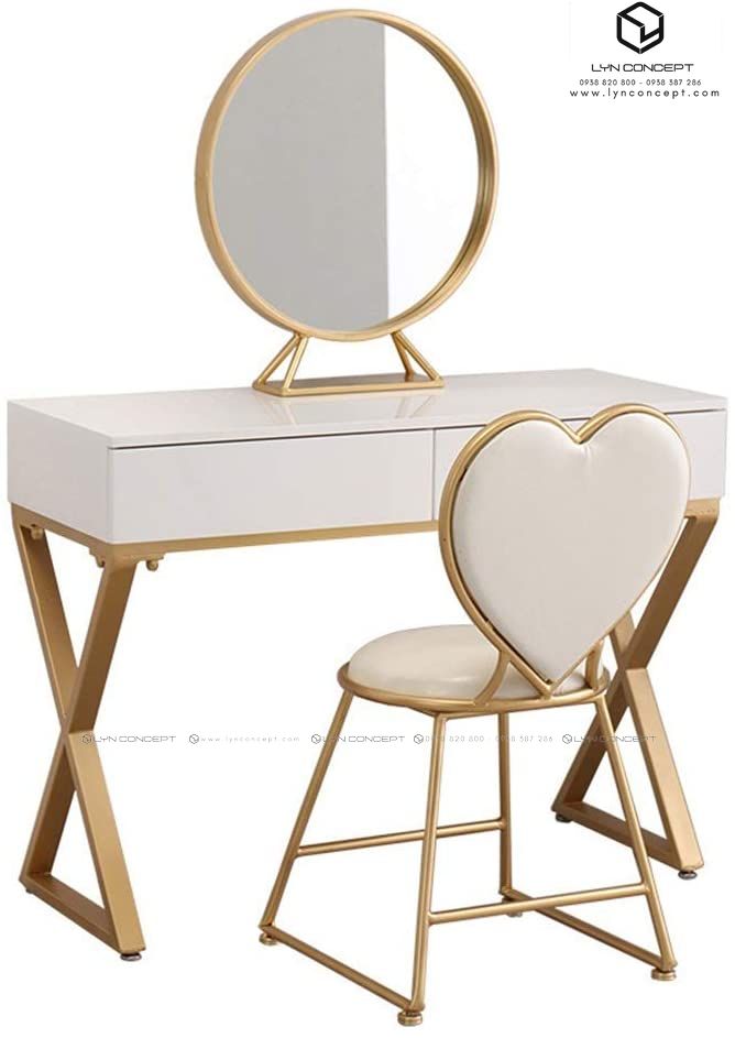 Bộ Bàn Trang Điểm 2 Hộc Kéo Màu Trắng Chân Sắt Kiểu Chữ X Sơn Vàng Ghế Ngồi Trái Tim Màu Trắng- BTĐ29