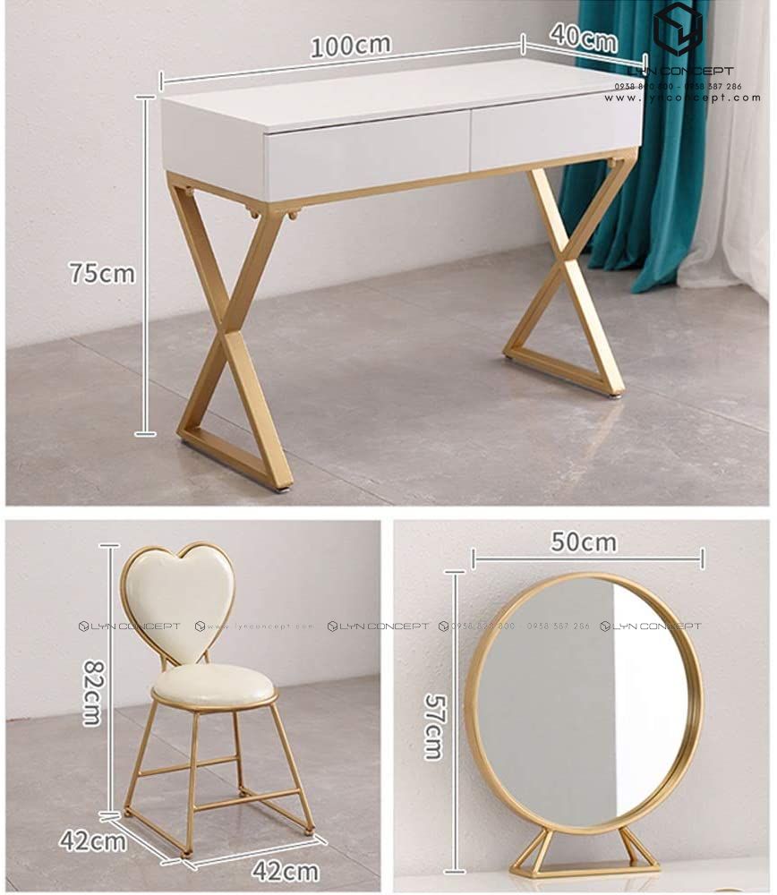 Bộ Bàn Trang Điểm 2 Hộc Kéo Màu Trắng Chân Sắt Kiểu Chữ X Sơn Vàng Ghế Ngồi Trái Tim Màu Trắng- BTĐ29