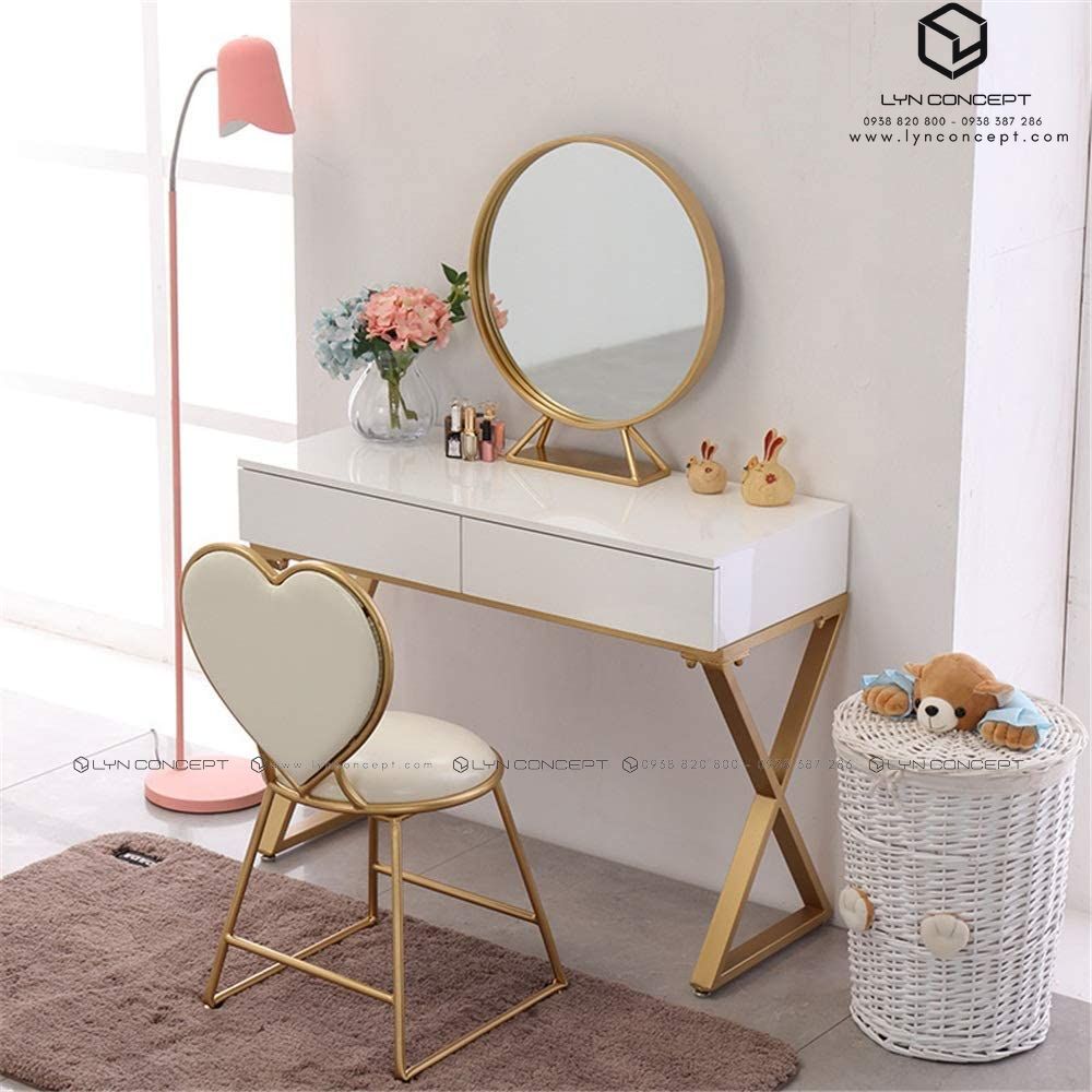 Bộ Bàn Trang Điểm 2 Hộc Kéo Màu Trắng Chân Sắt Kiểu Chữ X Sơn Vàng Ghế Ngồi Trái Tim Màu Trắng- BTĐ29