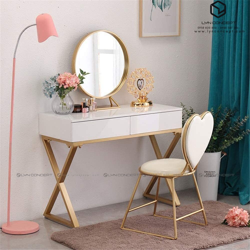Bộ Bàn Trang Điểm 2 Hộc Kéo Màu Trắng Chân Sắt Kiểu Chữ X Sơn Vàng Ghế Ngồi Trái Tim Màu Trắng- BTĐ29