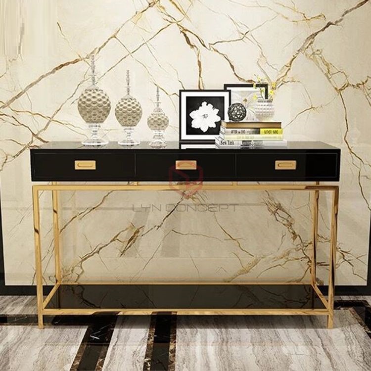 Bàn Console 3 Hộc Kéo Màu Đen Chân Inox Mạ Màu Vàng Cao Cấp - BTT57A