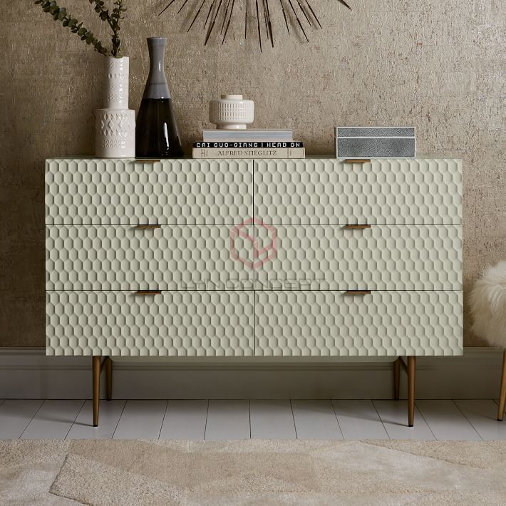 Tủ Console 6 Ngăn Kéo Màu Trắng Cánh Cắt Cnc Chân Inox Xi Mạ Màu Vàng Hiện Đại Cao Cấp - BTT50B