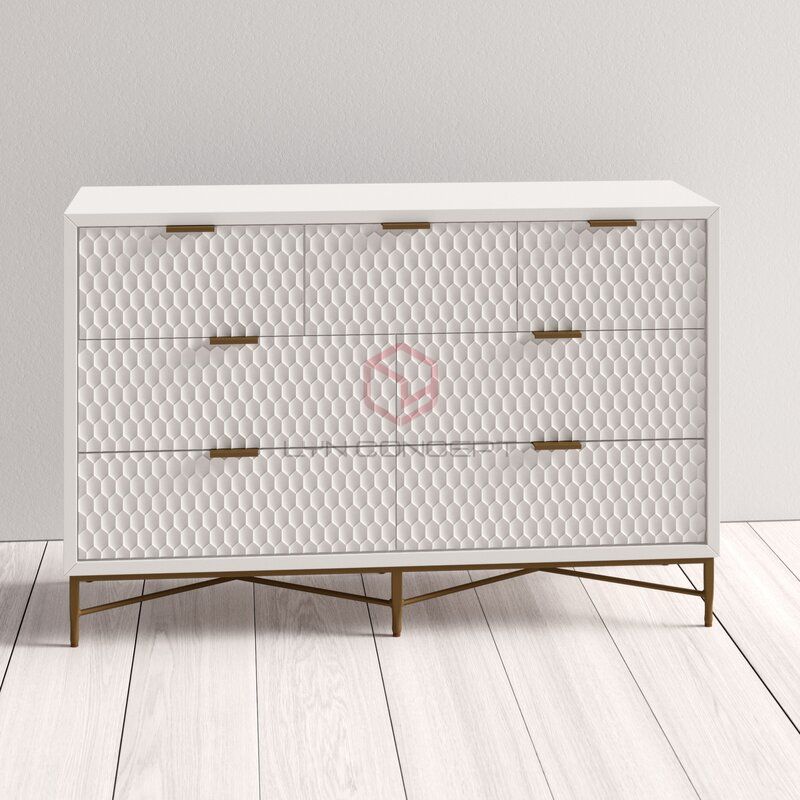 Tủ Console 7 Hộc Kéo Màu Trắng Cánh Cắt Cnc Chân Inox Xi Mạ Màu Vàng Hiện Đại Cao Cấp - BTT51C