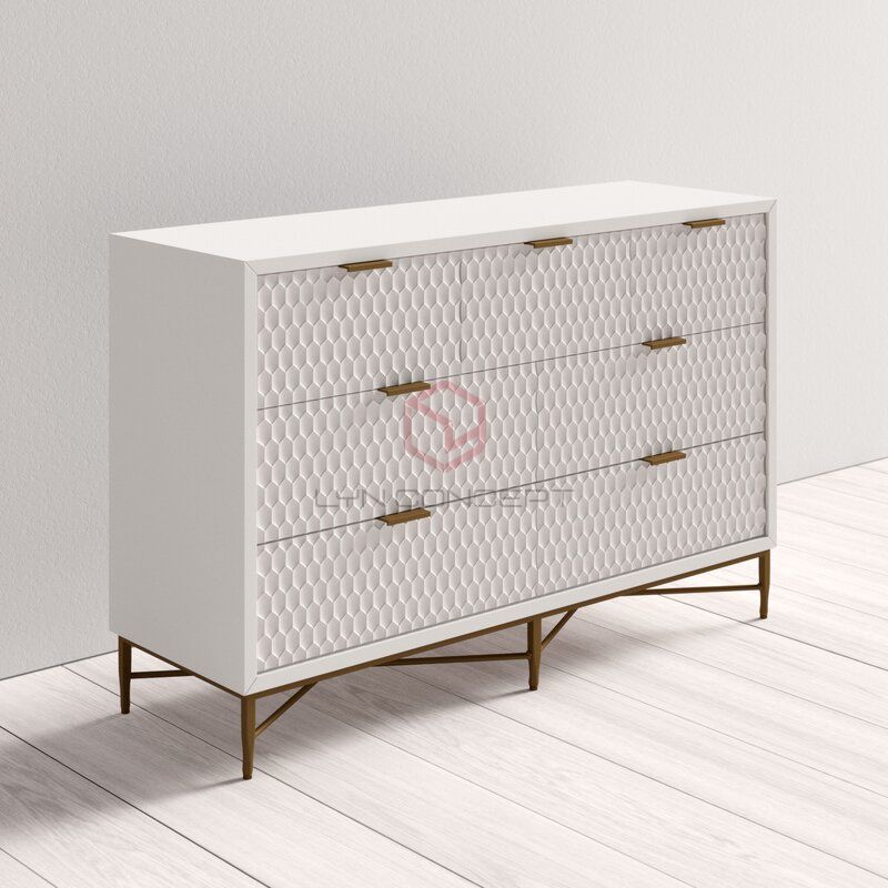 Tủ Console 7 Hộc Kéo Màu Trắng Cánh Cắt Cnc Chân Inox Xi Mạ Màu Vàng Hiện Đại Cao Cấp - BTT51C