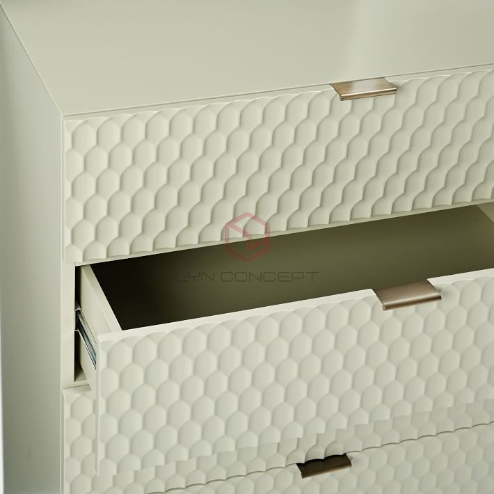 Tủ Console 5 Ngăn Kéo Màu Trắng Cánh Cắt Cnc Chân Inox Xi Mạ Màu Vàng Hiện Đại Cao Cấp - BTT50A