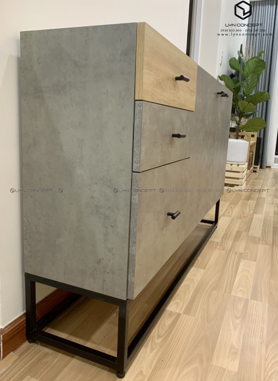 Tủ Console 2 Cánh Mở 3 Hộc Kéo Gỗ Giả Bê Tông