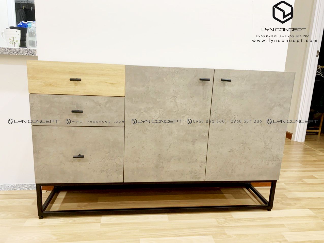 Tủ Console 2 Cánh Mở 3 Hộc Kéo Gỗ Giả Bê Tông